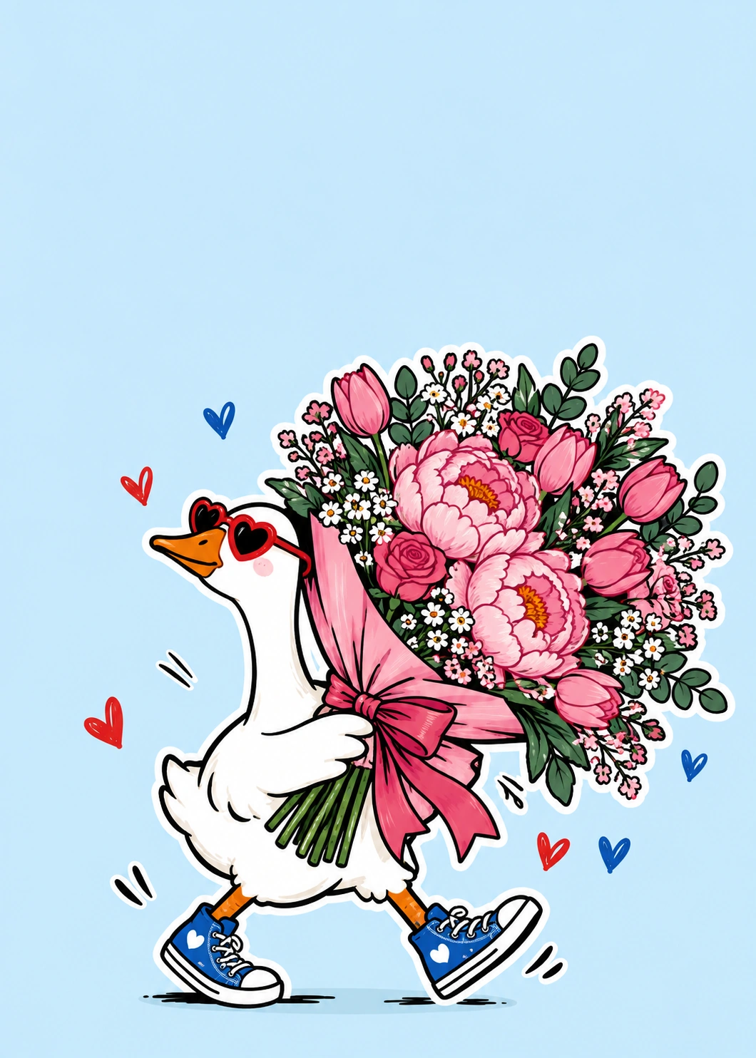 Illustrated goose in sunglasses carrying a bouquet of pink flowers